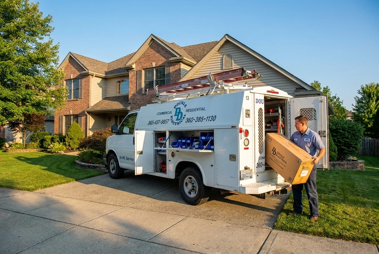 Electrical contractor unloading equipment from a service truck in a suburban driveway on a clear morning