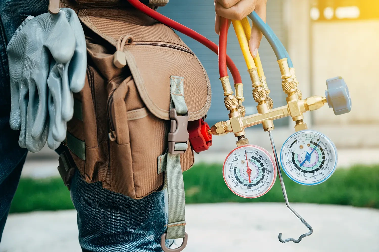 HVAC technician carrying refrigerant gauges on a service call