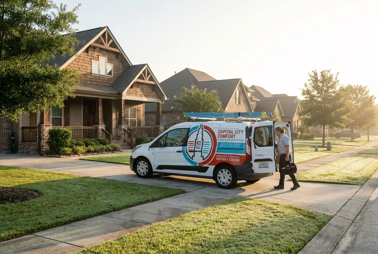 HVAC service van parked at a customer’s home at sunrise